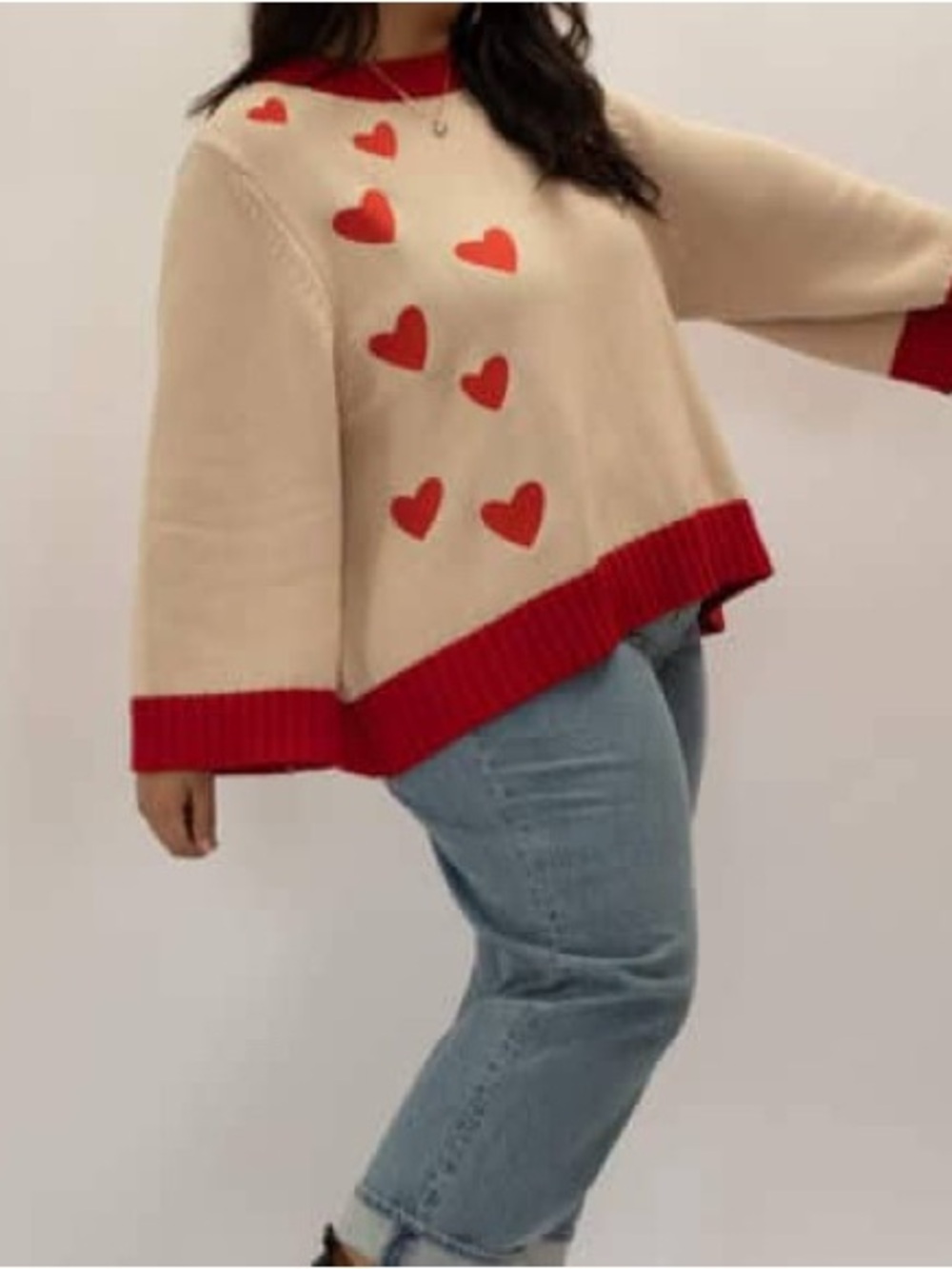 Shiny by Nature Heart Knit Sweater - Cream & Red - Size Medium